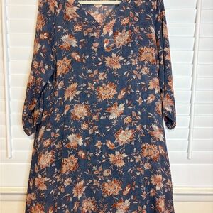 Garnet Hill Long Sleeve Floral Dress in Blue and Orange
